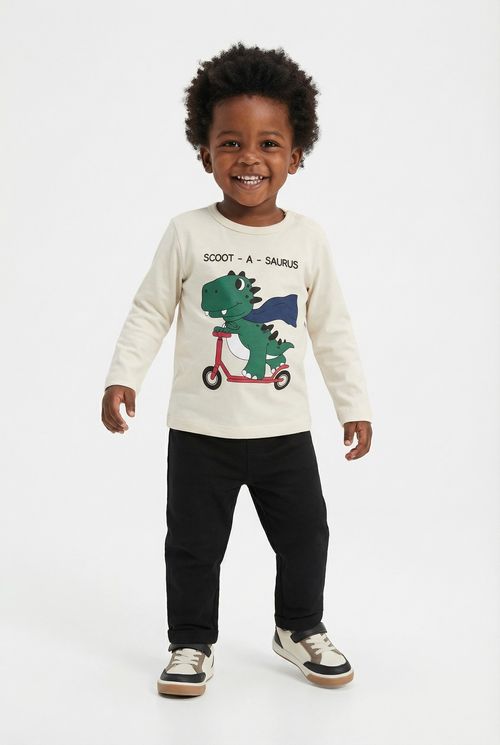 Camiseta Manga Longa Infantil Menino Bege Claro Dinossauro