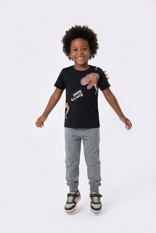 Camiseta Infantil Menino Preta Dinossauro Spikes 3D