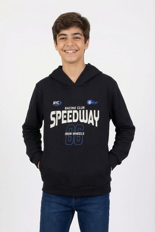 Moletom com Capuz Juvenil Menino Preto Estampa Speedway Racing