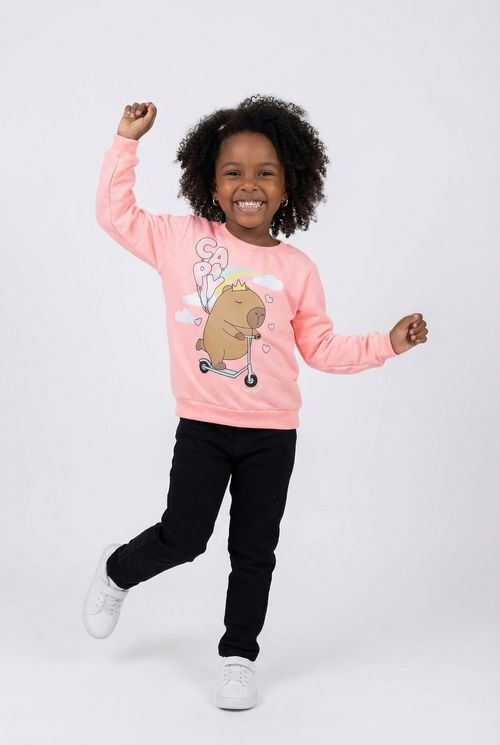 Moletom Infantil Menina Rosa Claro Capivara Realeza Patinete
