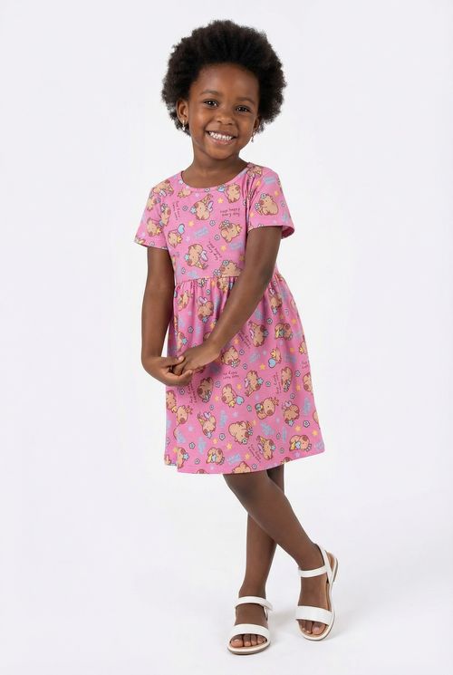 Vestido Infantil Menina Rosa Médio Capivaras Fofas e Estrelas