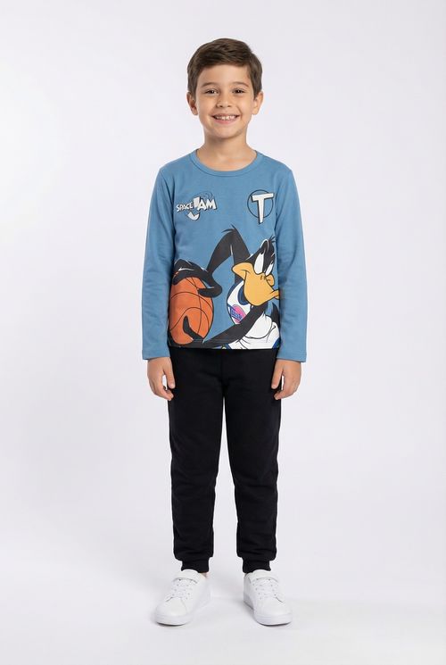 Camiseta Manga Longa Infantil Menino Azul Patolino Space Jam Basquete
