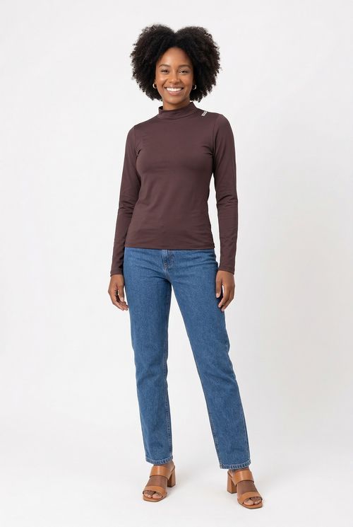 Blusa Térmica Gola Alta Manga Longa Feminina Marrom Escuro Liso