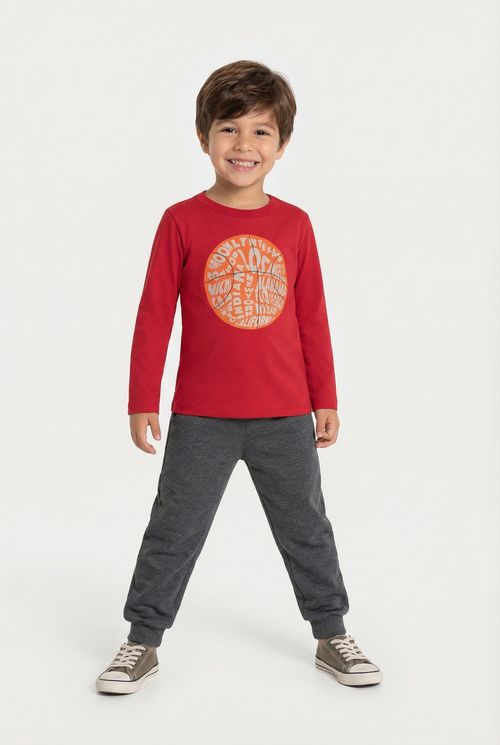 Camiseta Manga Longa Infantil Menino Vermelha Basquete Urbano