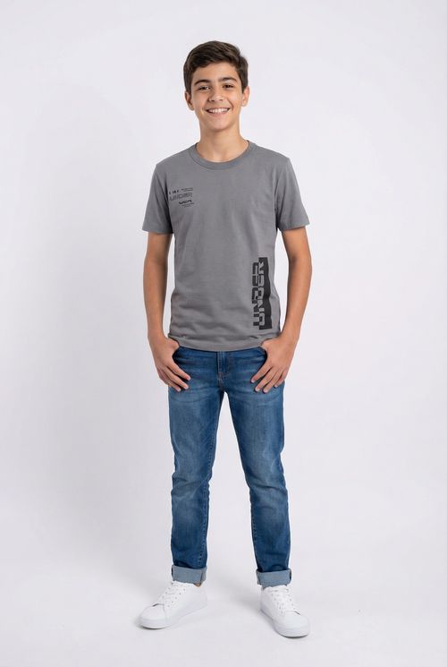 Camiseta Juvenil Cinza com Estampa Gráfica 'Under' Moderna