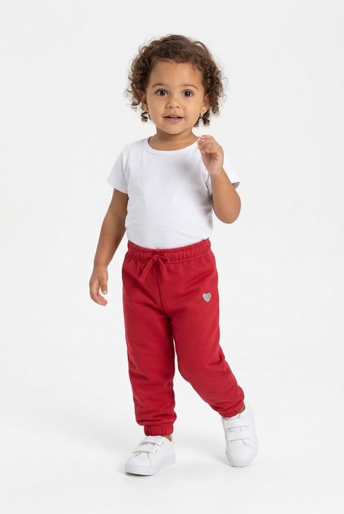 Calça Moletom Infantil Menina Vermelha Coração Brilhante
