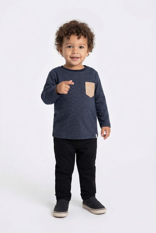 Camiseta Manga Longa Infantil Menino Azul Marinho Listrada