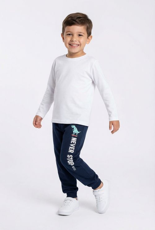 Calça Moletom Infantil Menino Azul Marinho Dinossauro Skatista