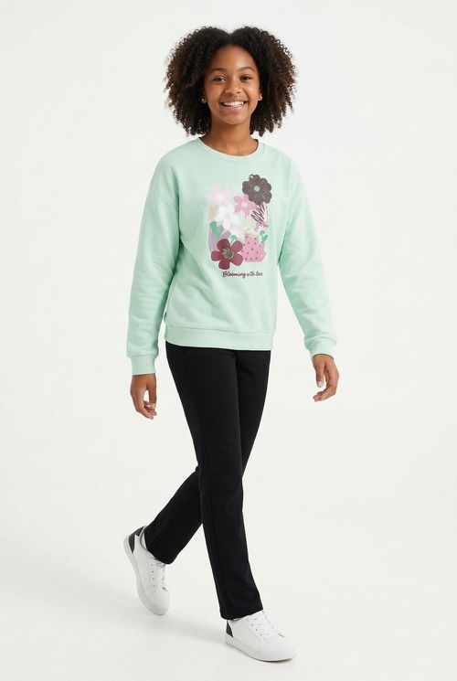Moletom Infantil Menina Verde Claro Juvenil Floral Paetês