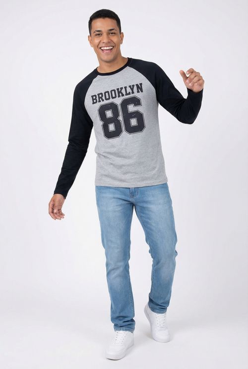 Camiseta Manga Longa Masculina Cinza Mescla e Preto Brooklyn 86