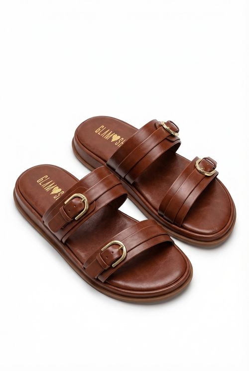 Sandália Casual Feminina Caramelo Fivelas Douradas