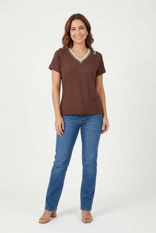 Blusa fem prom fcal4755 m/c retilin marr marrom medio