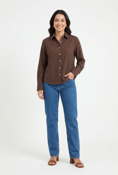 Camisa fem casual fcac006 m/l gola aba marrom medio