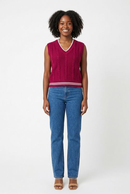 Colete Feminino Vinho Decote V Listras Clássicas