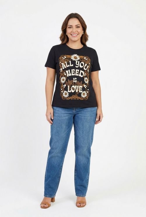 Camiseta fem rom mc along need love pret preto