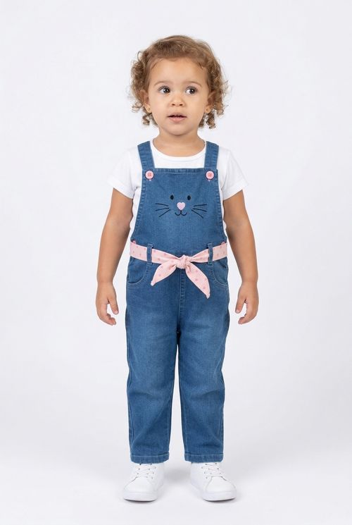 Jardineira Infantil Menina Azul Gatinha Cinto Corações Laço