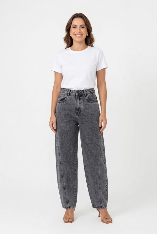 Calça Jeans Feminina Preta Barrel Fit Estonada