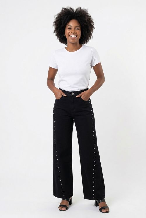 Calça Jeans Wide Leg Feminina Preta Tachas Laterais