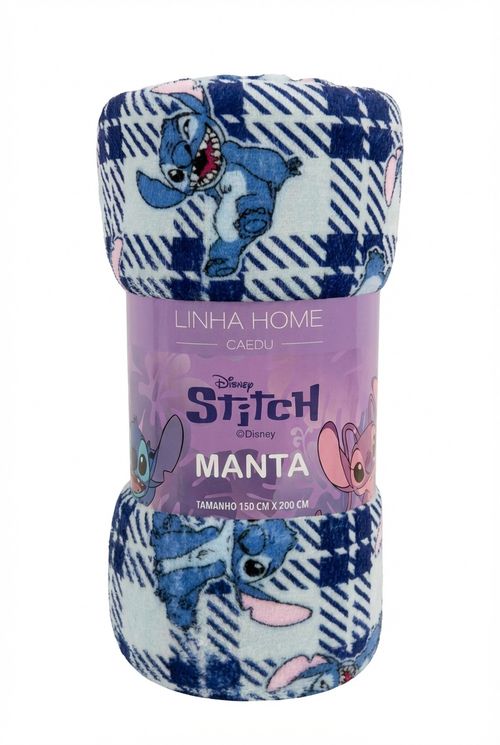 Manta Casal Azul Estampa Disney Stitch e Angel Xadrez