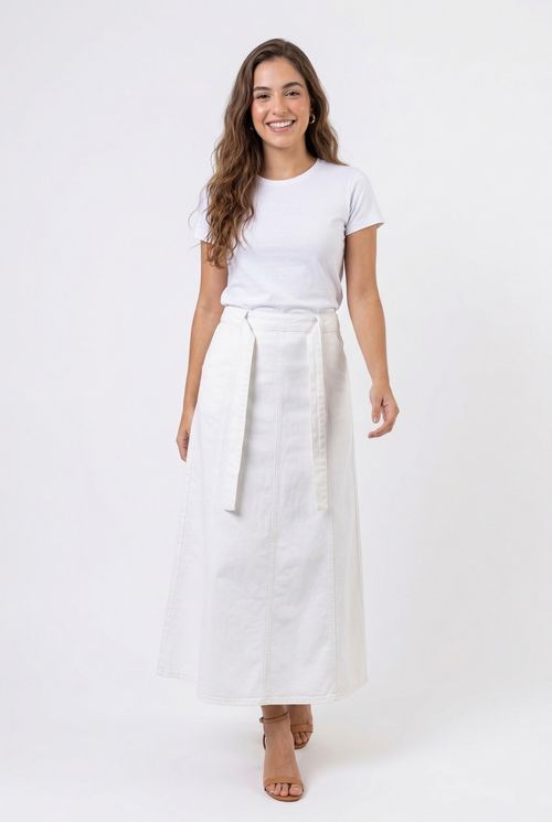 Saia Longa Feminina Bege Claro com Cinto Amarrável e Pespontos