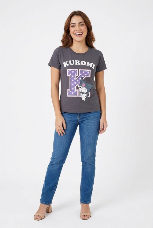 Camiseta fem promo m/c lic kuromi k chum cinza escuro