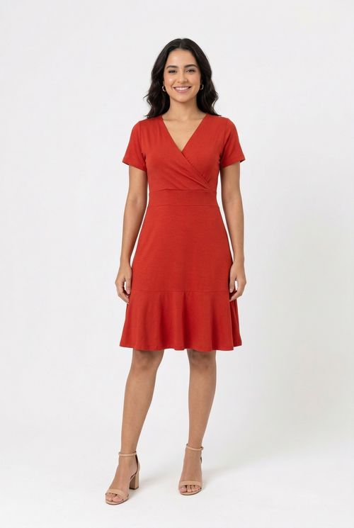Vestido Midi Feminino Transpassado Terracota com Babado