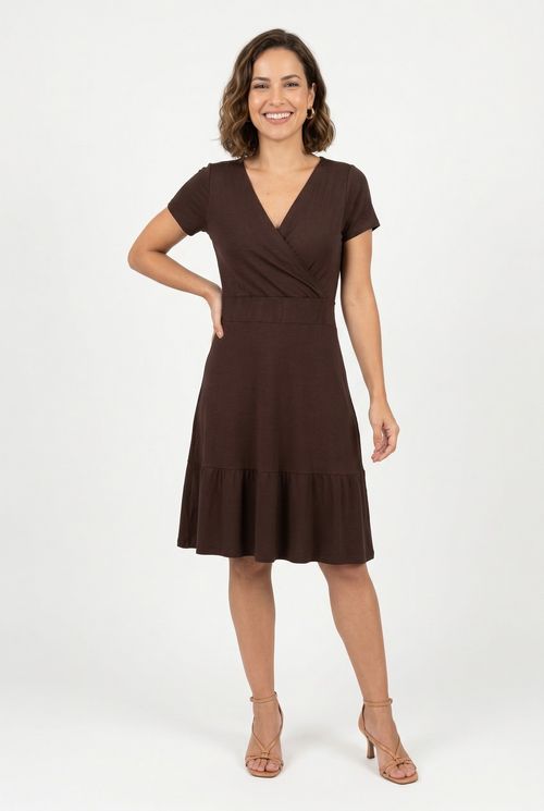 Vestido fem promo m/c transpassado marro marrom escuro