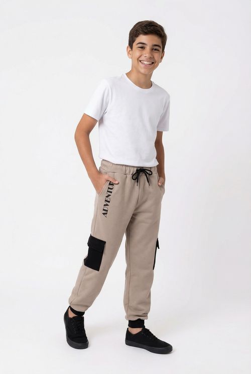 Calça Moletom Infantil Menino Bege Juvenil Adventure