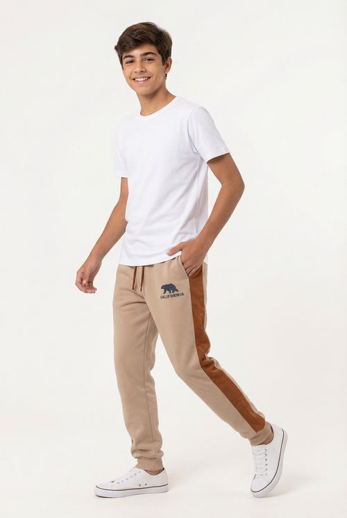 Calça Moletom Jogger Infantil Bege Claro Juvenil California Faixa Lateral