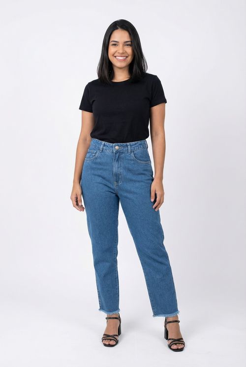 Calça Jeans Mom Feminina Azul Médio Barra Desfiada