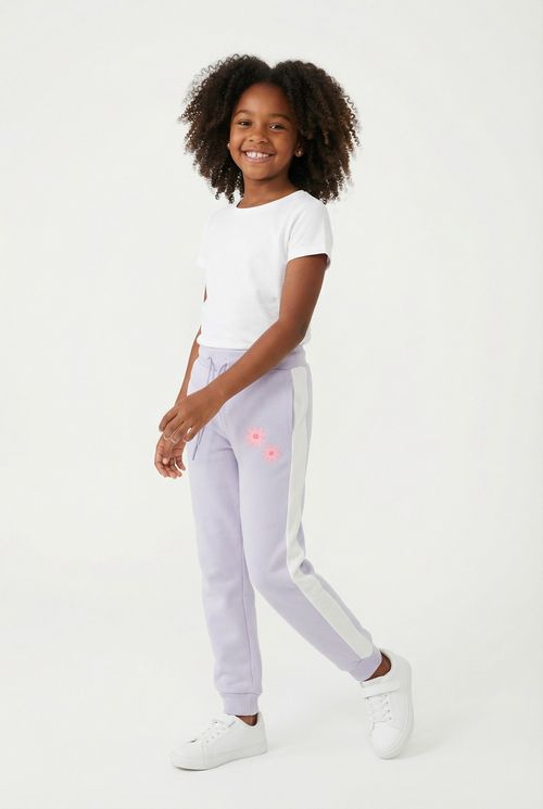 Calça de Moletom Infantil Menina Lilás Floral Faixa Lateral