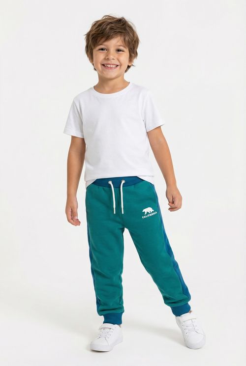 Calça de Moletom Infantil Verde c/ Recortes Azuis California