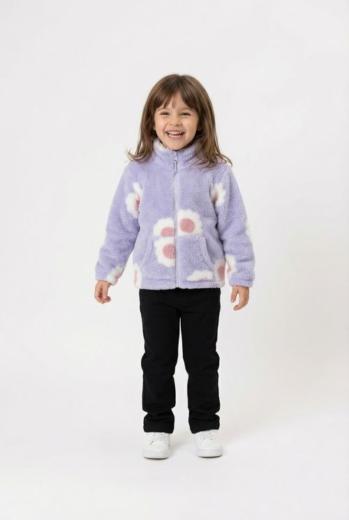 Jaqueta Sherpa Infantil Menina Lilás Floral Fofa