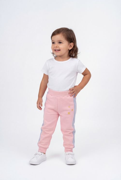 Calça de Moletom Infantil Menina Rosa Claro Estrelas Douradas