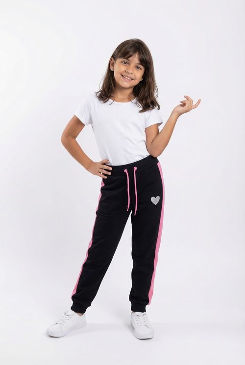 Calça Moletom Infantil Menina Preto e Rosa Coração Glitter Listras