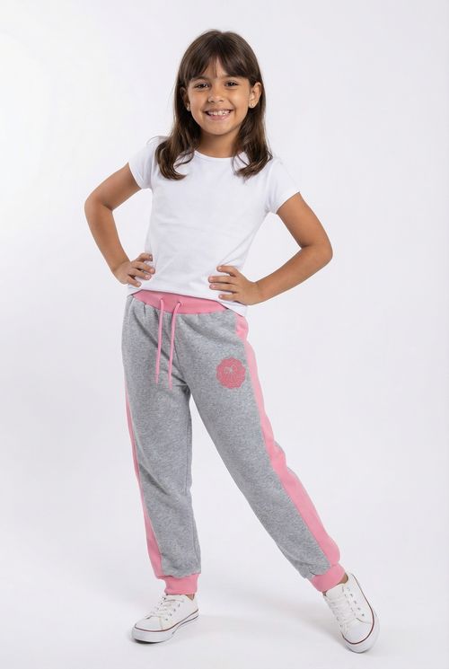 Calça Moletom Infantil Menina Cinza Mescla e Rosa Laço Faixas Laterais
