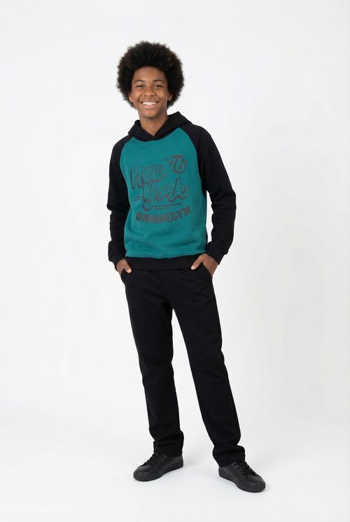 Moletom com Capuz Infantil Verde e Preto Juvenil New York Brooklyn