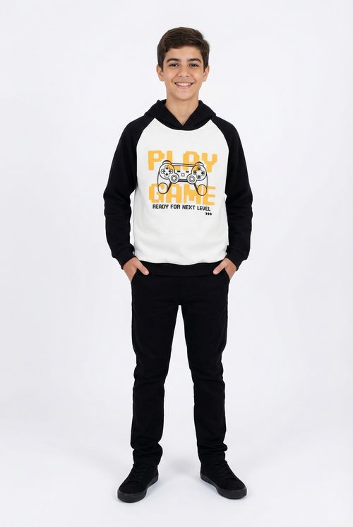 Moletom Infantil Menino Preto e Branco Juvenil com Capuz Gamer