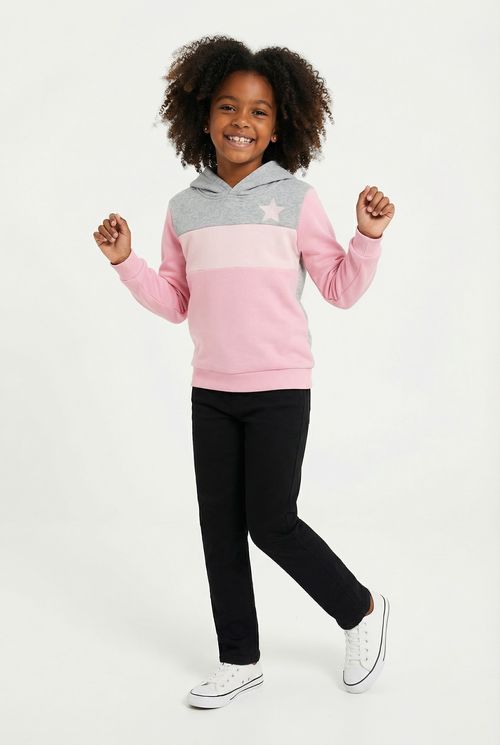 Moletom com Capuz Infantil Menina Color Block Rosa/Cinza Estrela