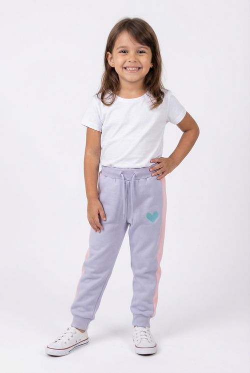 Calça Moletom Infantil Menina Lilás e Rosa Coração