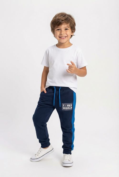 Calça Moletom Infantil Menino Azul Marinho Faixa T-Rex World
