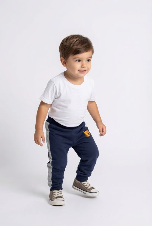Calça Moletom Infantil Menino Marinho Tigre com Faixa Lateral
