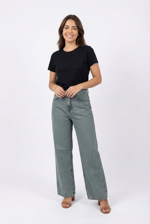 Calça Jeans Feminina Wide Leg Azul Médio Estonada