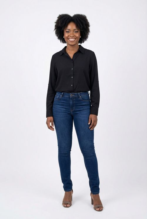 Camisa Manga Longa Viscose Feminina Preta Lisa