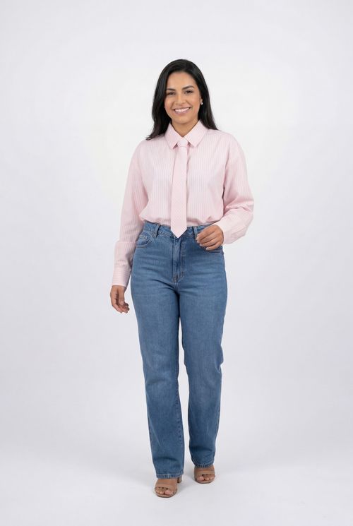 Camisa Feminina Rosa Claro Listrada com Gravata
