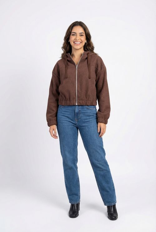 Jaqueta Cropped com Capuz e Zíper Feminina Marrom Escuro
