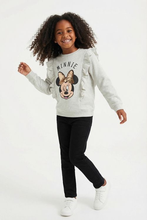 Moletom Infantil Menina Cinza Mescla Minnie Laço Paetê Babados