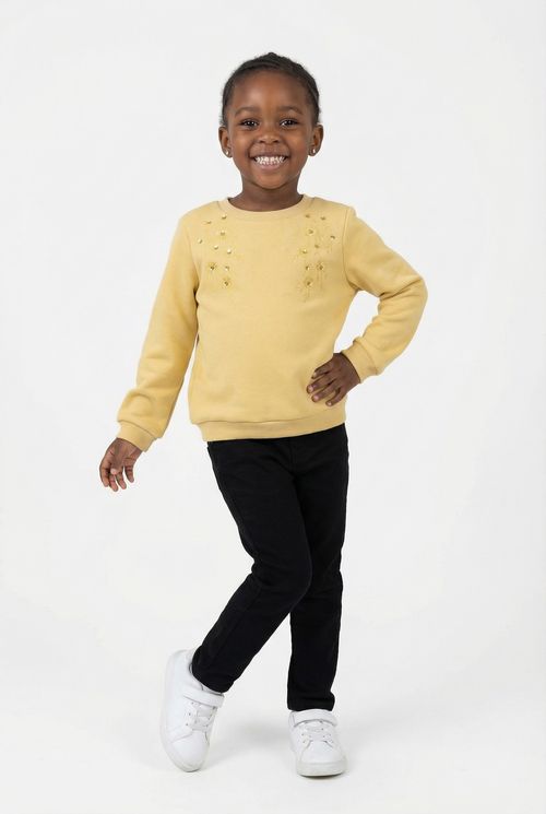 Moletom Infantil Menina Amarelo Ocre Flores c/ Brilho