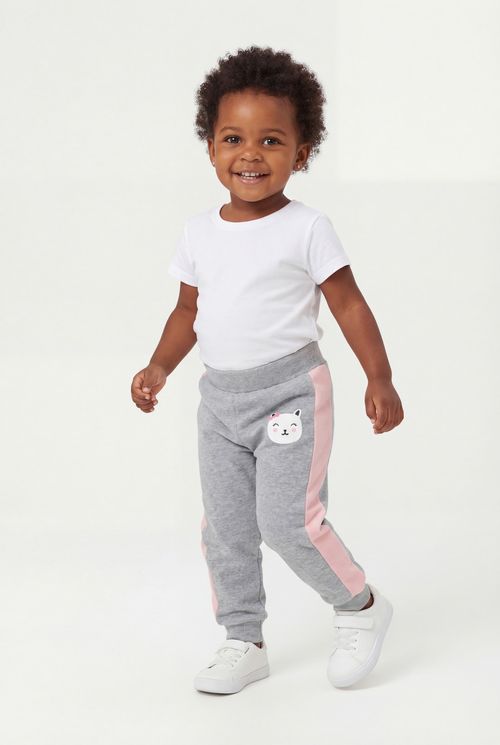 Calça Infantil Menina Cinza Mescla Gatinho Faixas Rosas