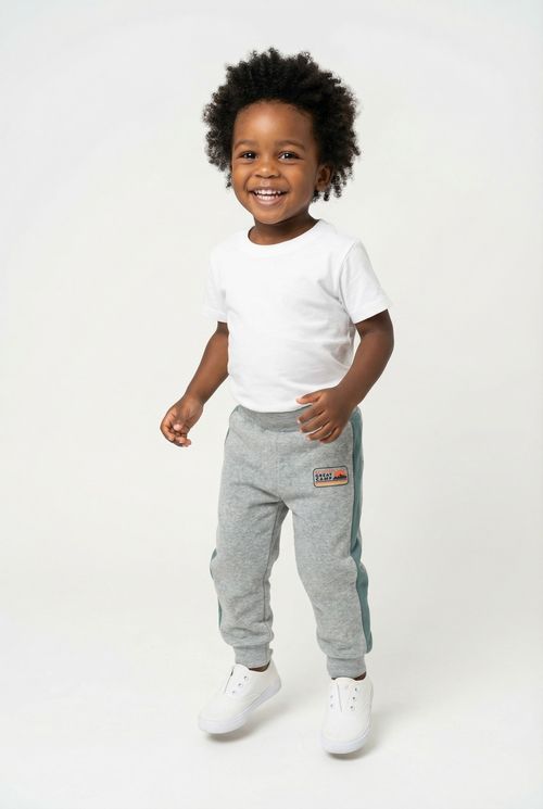 Calça Jogger Infantil Cinza Mescla com Faixa Verde e Great Camp